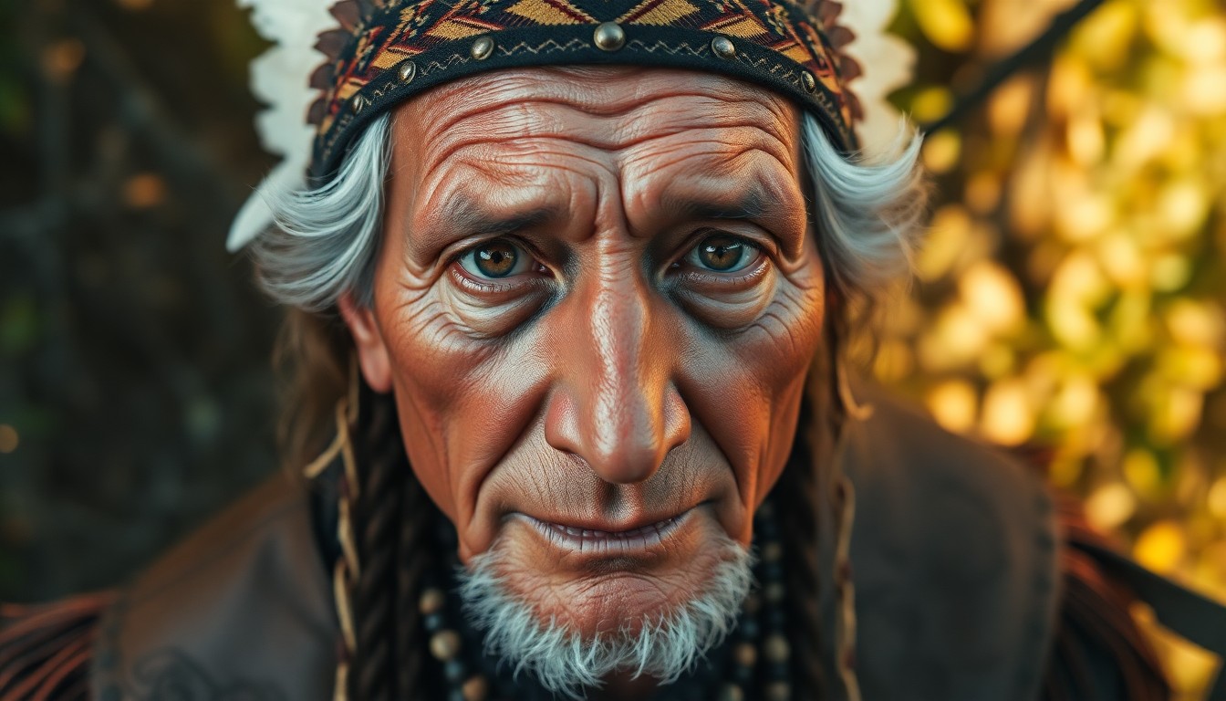 AI generated art for prompt: A mirrorless camera captures a portrait of a wise Native American elder with deep brown eyes and gra