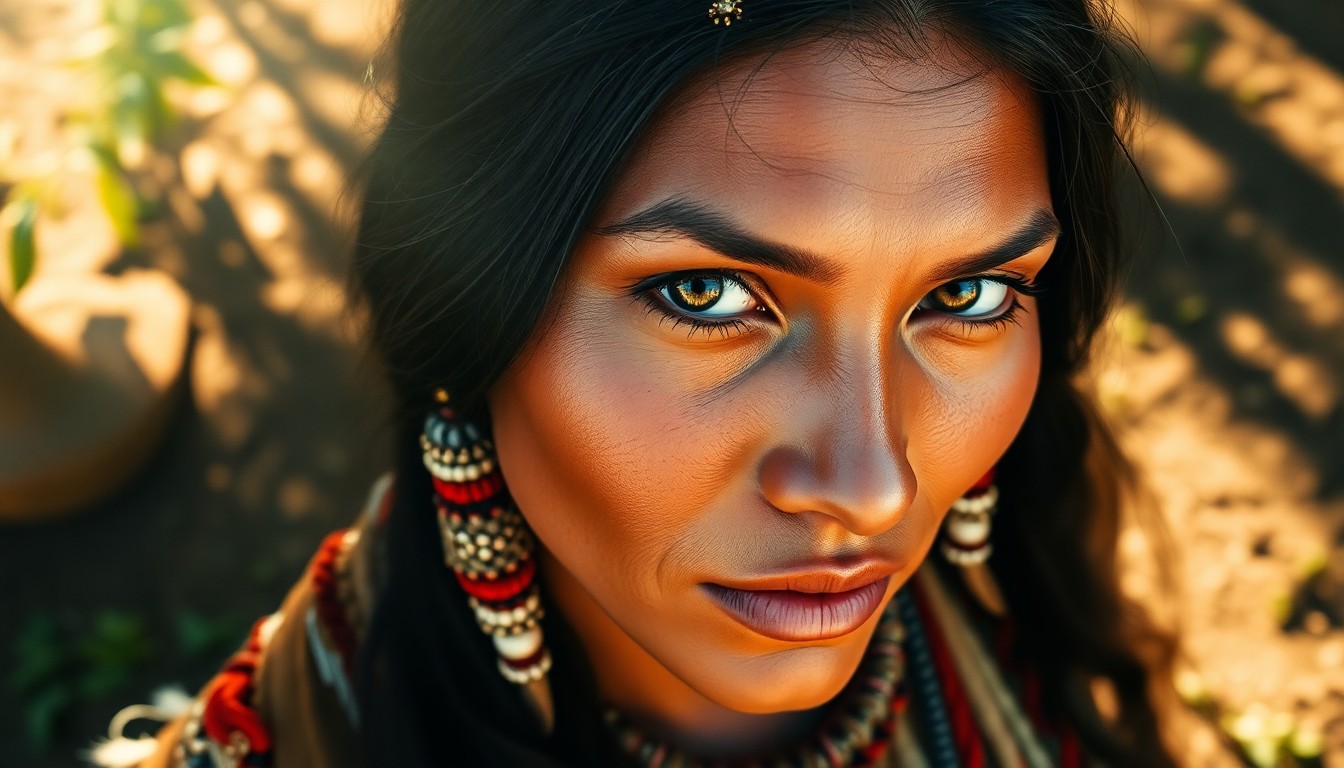 AI generated art for prompt: Craft a photorealistic portrait of a Native American woman from an aerial perspective, capturing her