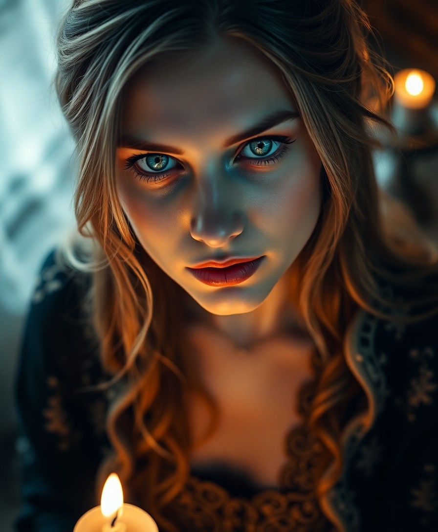 AI generated art for prompt: A photorealistic portrait showcases a Slavic woman with piercing blue eyes and cascading golden lock