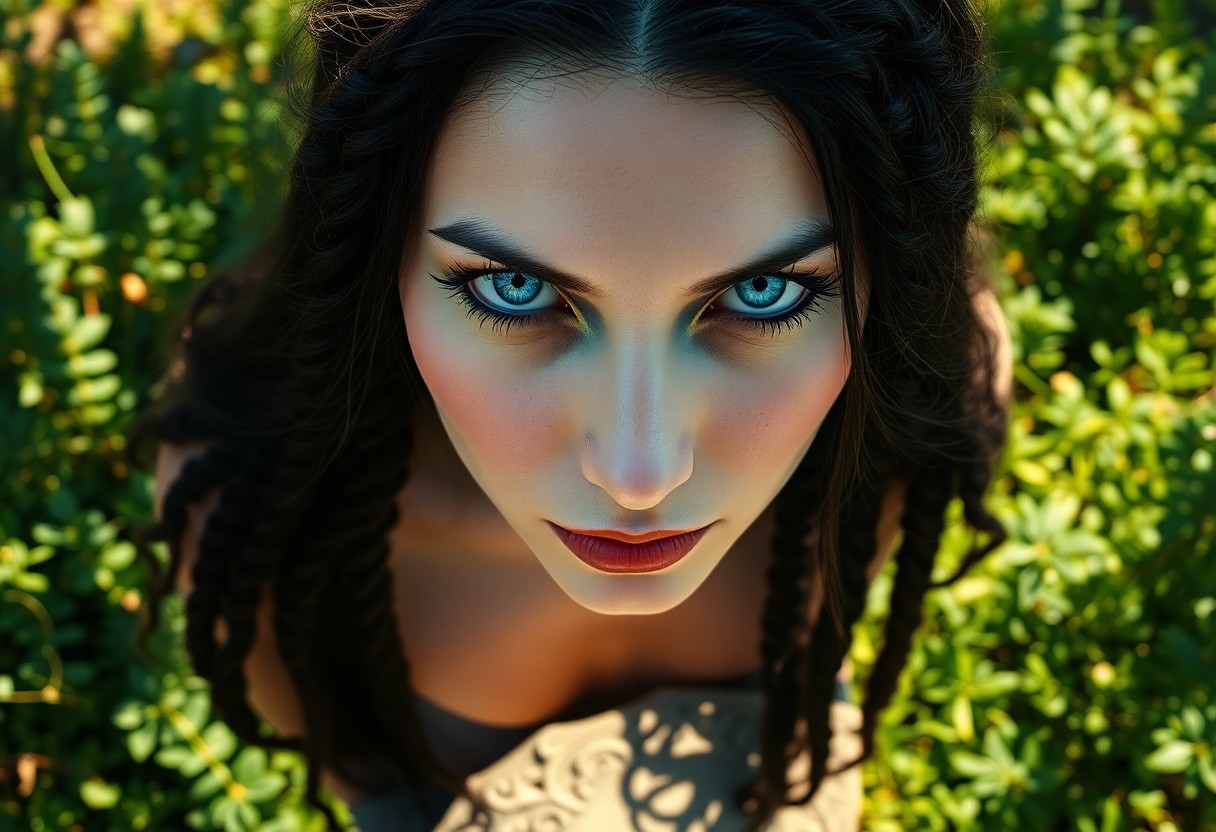 AI generated art for prompt: Envision a portrait photograph of an enigmatic European sorceress with piercing blue eyes and raven 