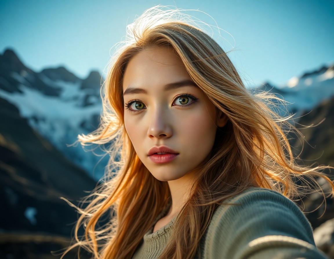 AI generated art for prompt: A portrait photograph showcases an enchanting East Asian woman with piercing green eyes and golden h