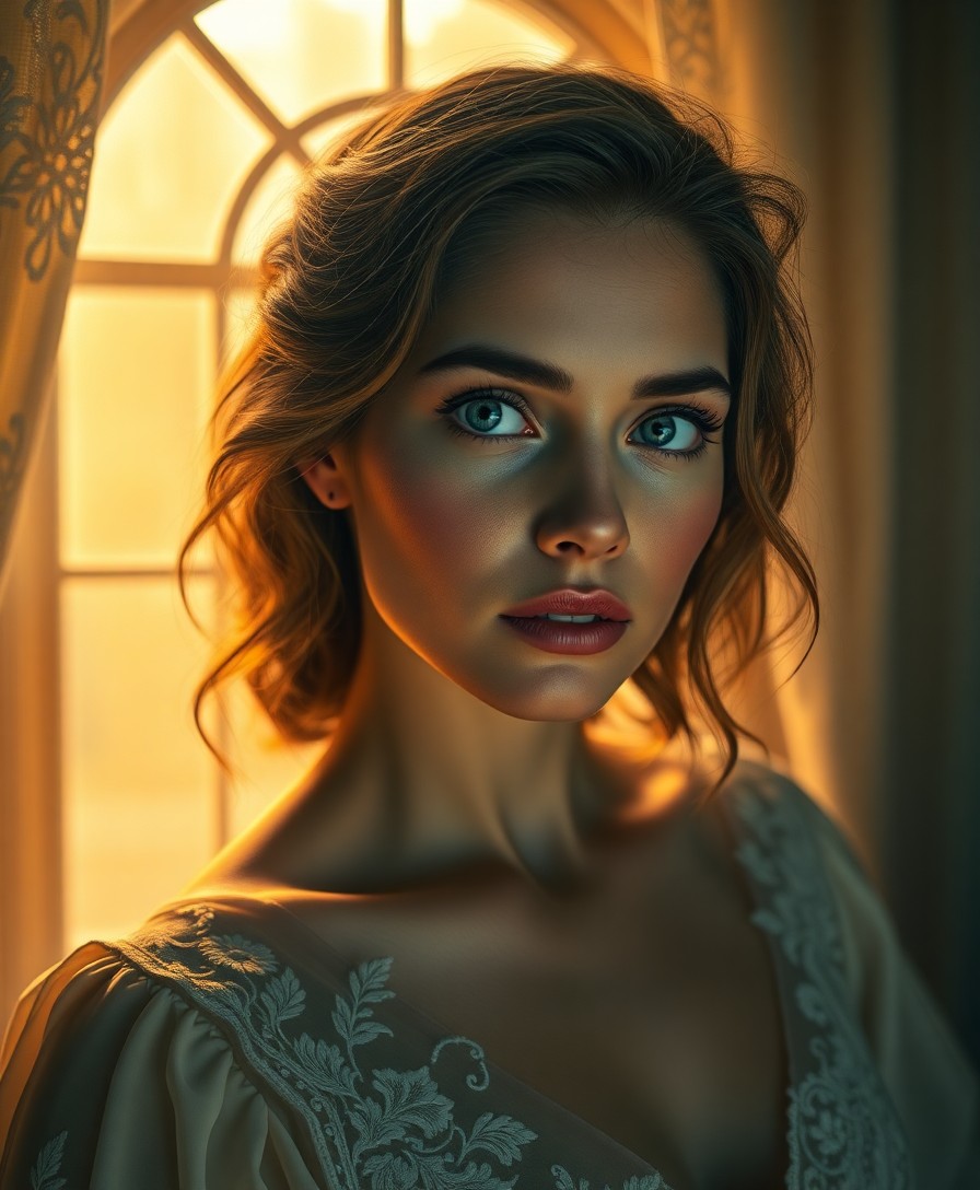 AI generated art for prompt: Craft a photorealistic portrait of an alluring European woman with piercing blue eyes and a strong j