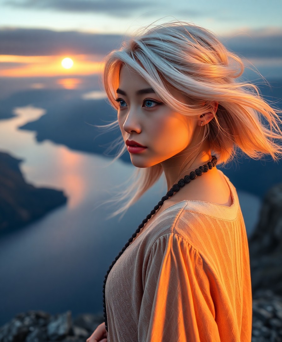 AI generated art for prompt: An East Asian woman with icy blue eyes and platinum hair stands atop a rocky cliff overlooking a ser