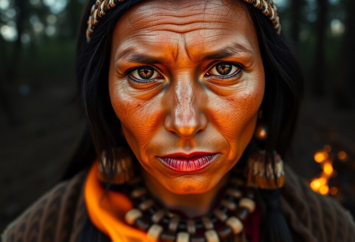 AI generated art for prompt: A captivating hyperrealistic portrait showcases a Native American woman with deep brown eyes and rav