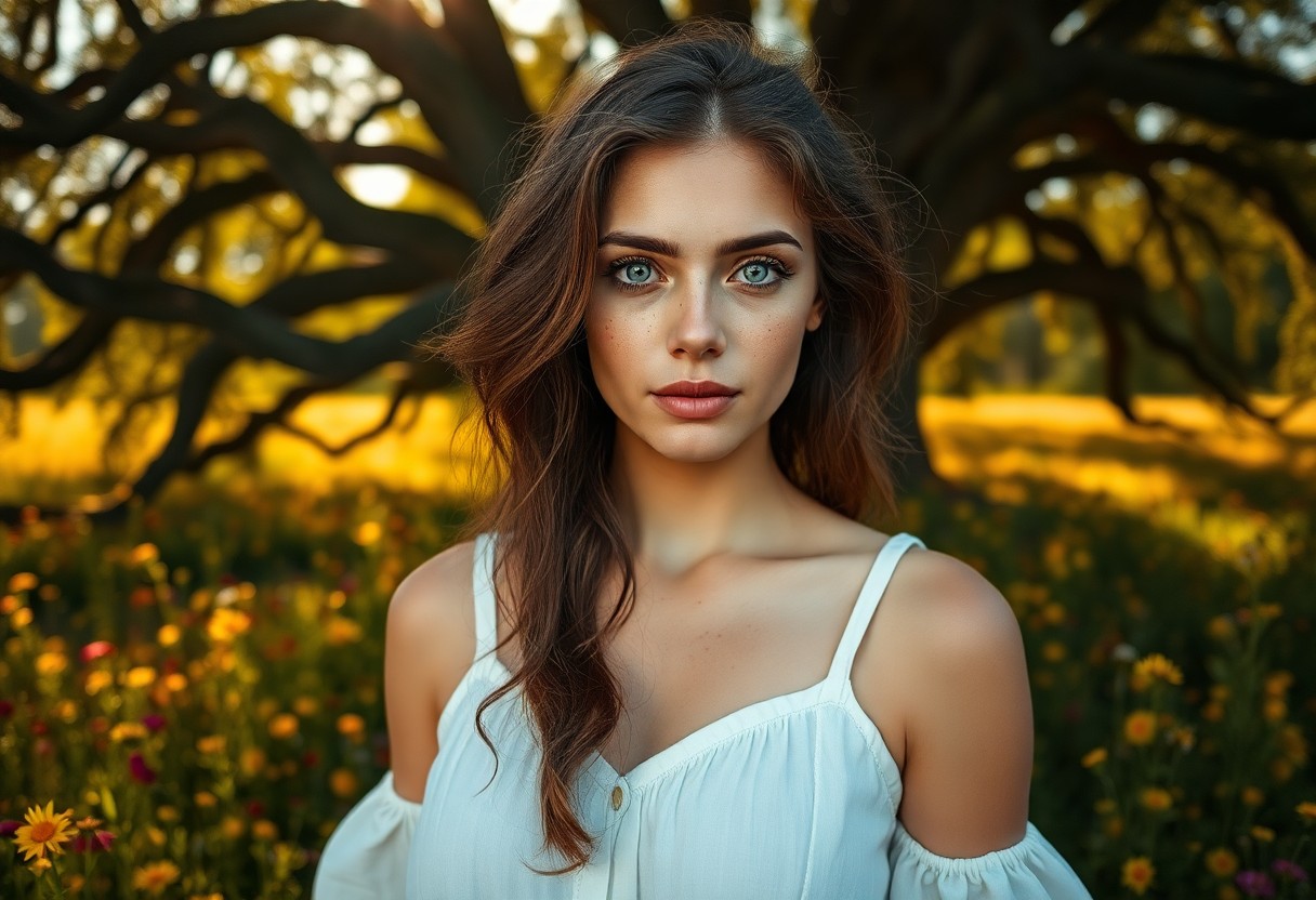 AI generated art for prompt: A Hispanic woman's portrait captures her striking blue eyes and chestnut hair amidst warm sunlight f