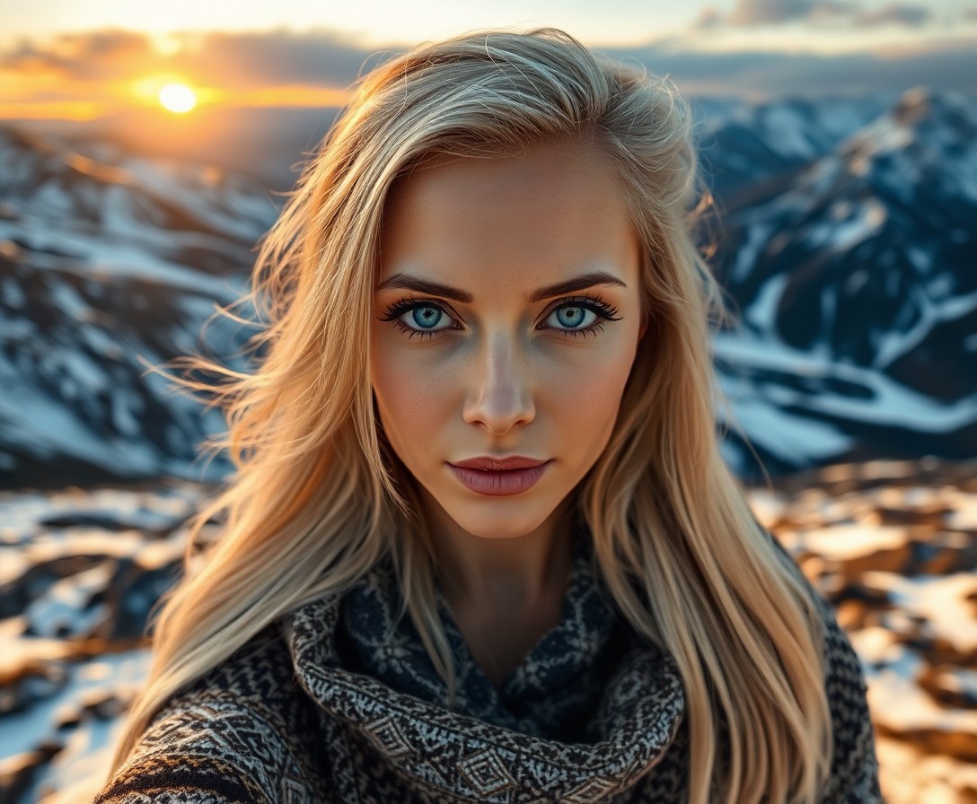 AI generated art for prompt: A smartphone camera captures a captivating portrait of a Slavic woman with ethereal ice-blue eyes an