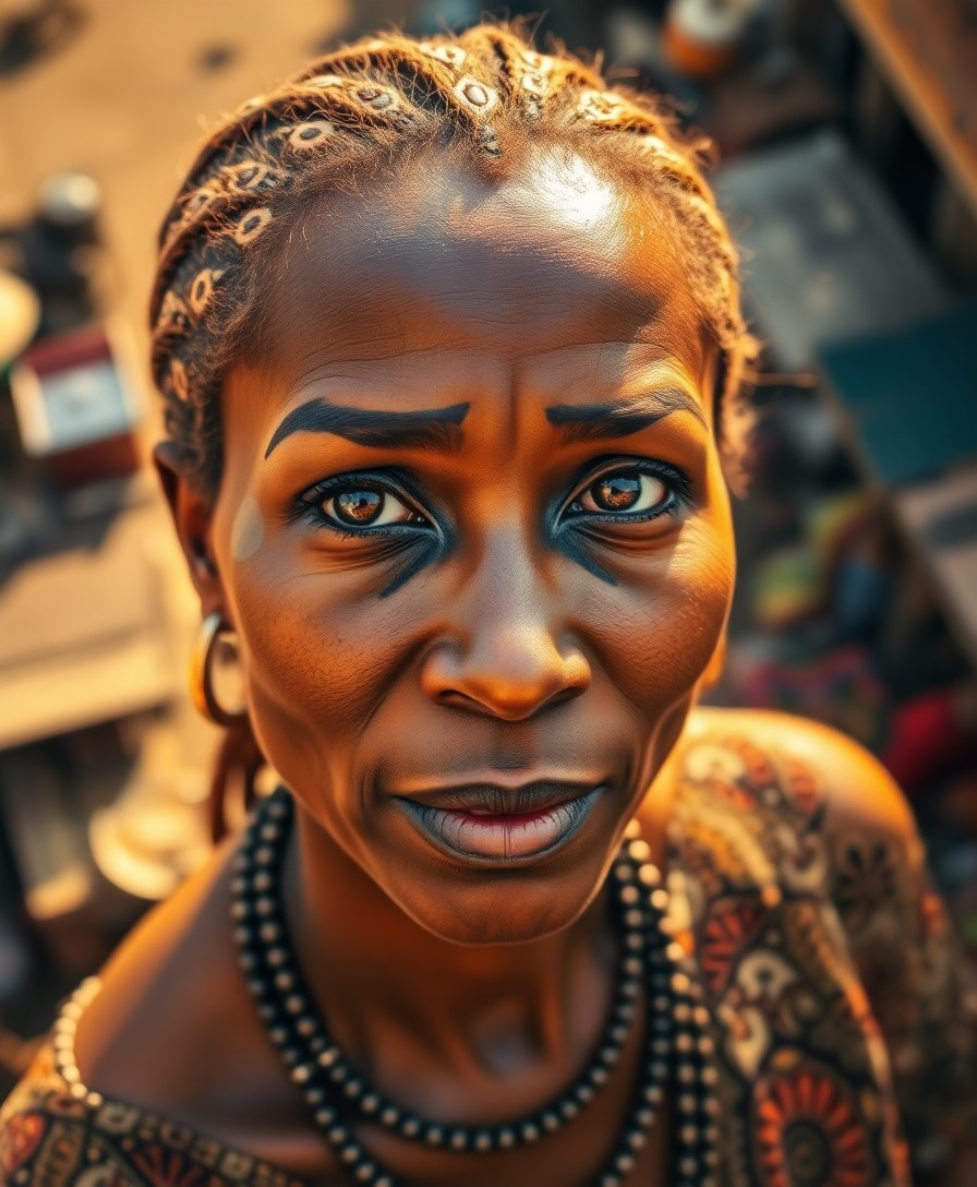 AI generated art for prompt: A photorealistic portrait showcases a 45-year-old African woman with warm golden-brown skin adorned 