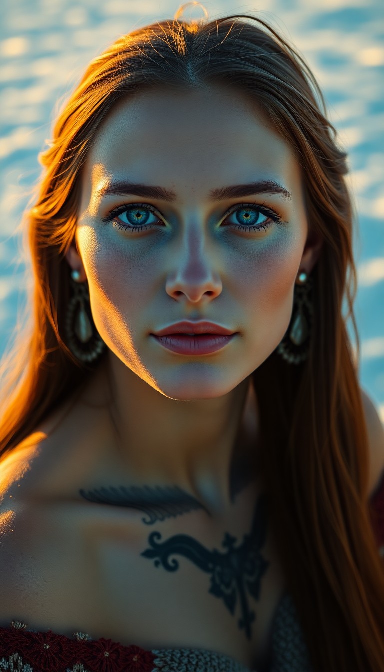 AI generated art for prompt: A photorealistic portrait photograph depicts a Native American woman with captivating blue eyes and 