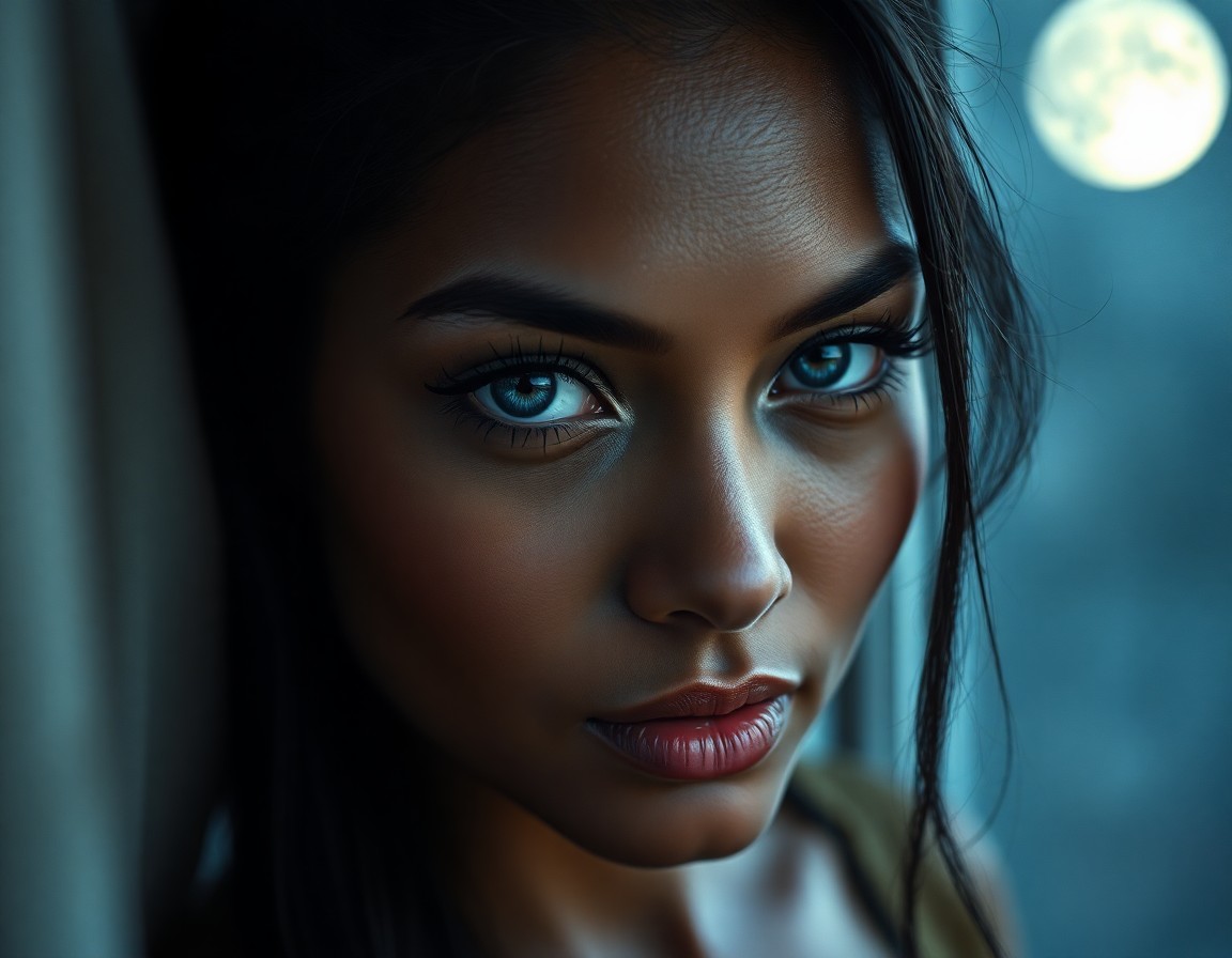 AI generated art for prompt: Envision a hyperrealistic portrait of a Pacific Islander woman with captivating blue eyes and long, 