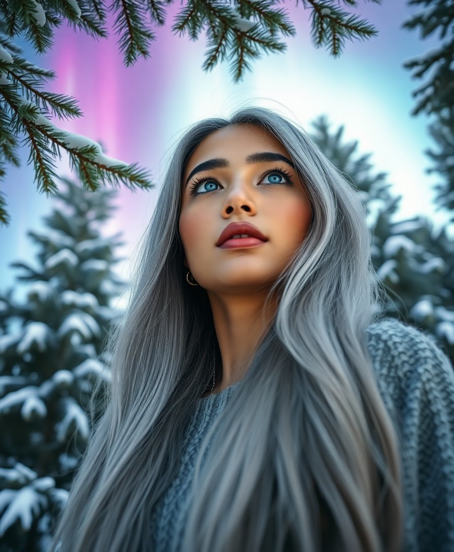 AI generated art for prompt: An ultra-realistic portrait showcases a South Asian woman with captivating ice-blue eyes and long si