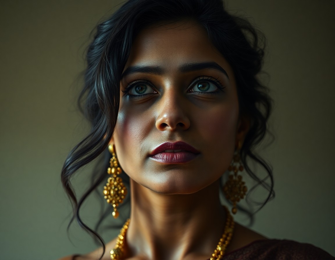 AI generated art for prompt: A photorealistic portrait photograph exudes an air of enigma, showcasing a South Asian woman with da