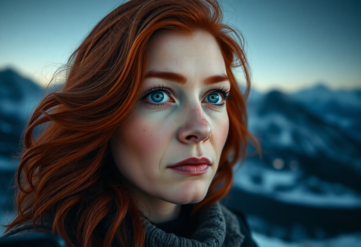 AI generated art for prompt: A smartphone portrait captures an enigmatic Nordic woman with mesmerizing icy blue eyes framed by th