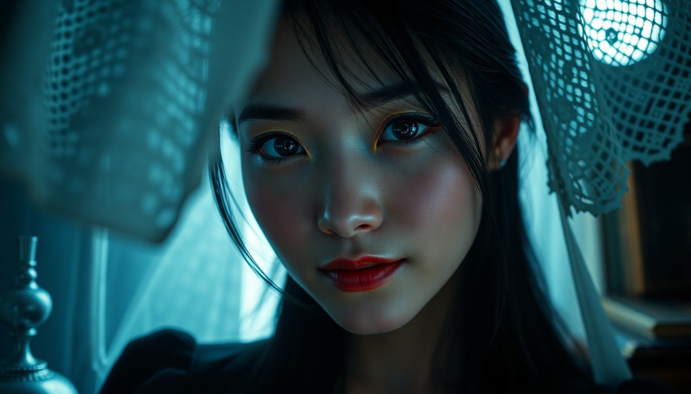 AI generated art for prompt: A photorealistic portrait photograph showcases an East Asian woman's enigmatic presence, her piercin