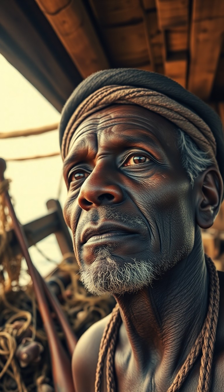 AI generated art for prompt: An African fisherman's weathered face, etched by a life at sea, gazes thoughtfully towards the horiz