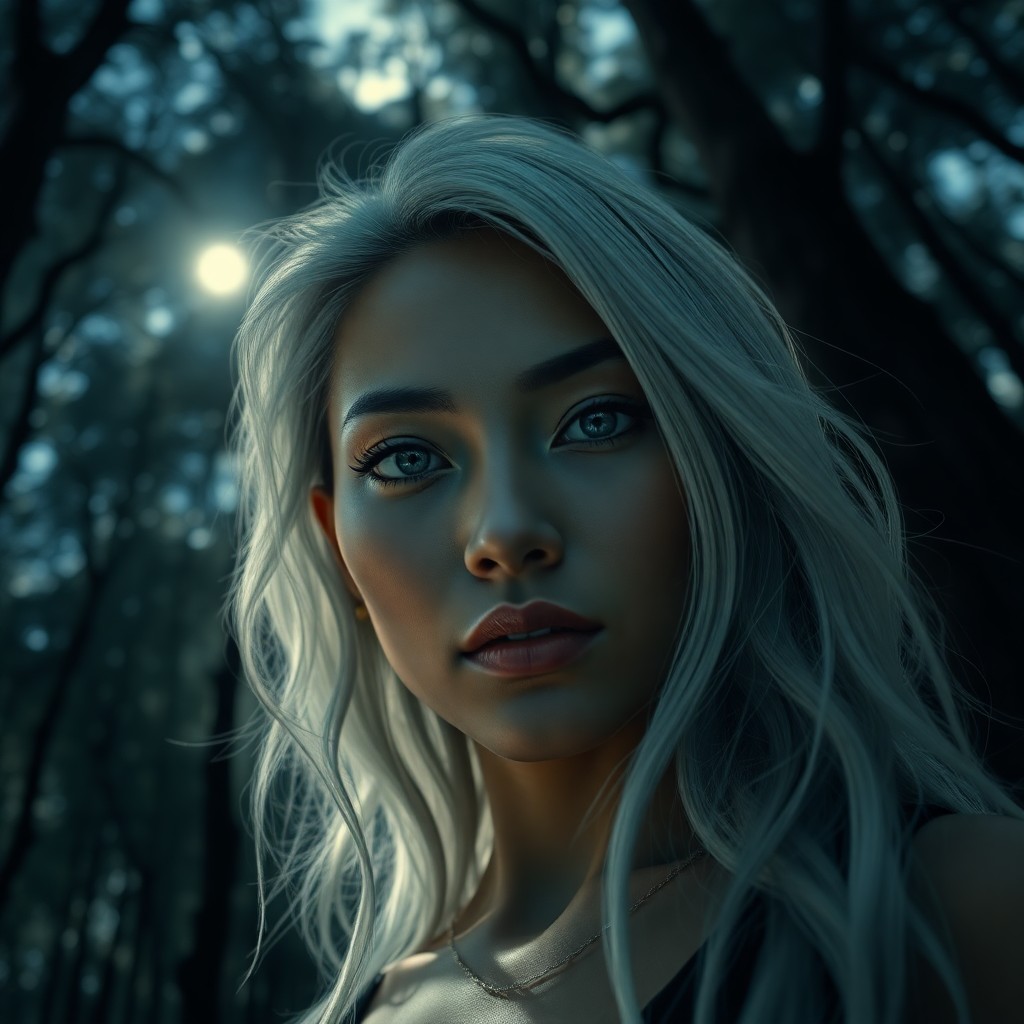 AI generated art for prompt: A photorealistic portrait captures an enigmatic Pacific Islander woman with piercing ice-blue eyes a