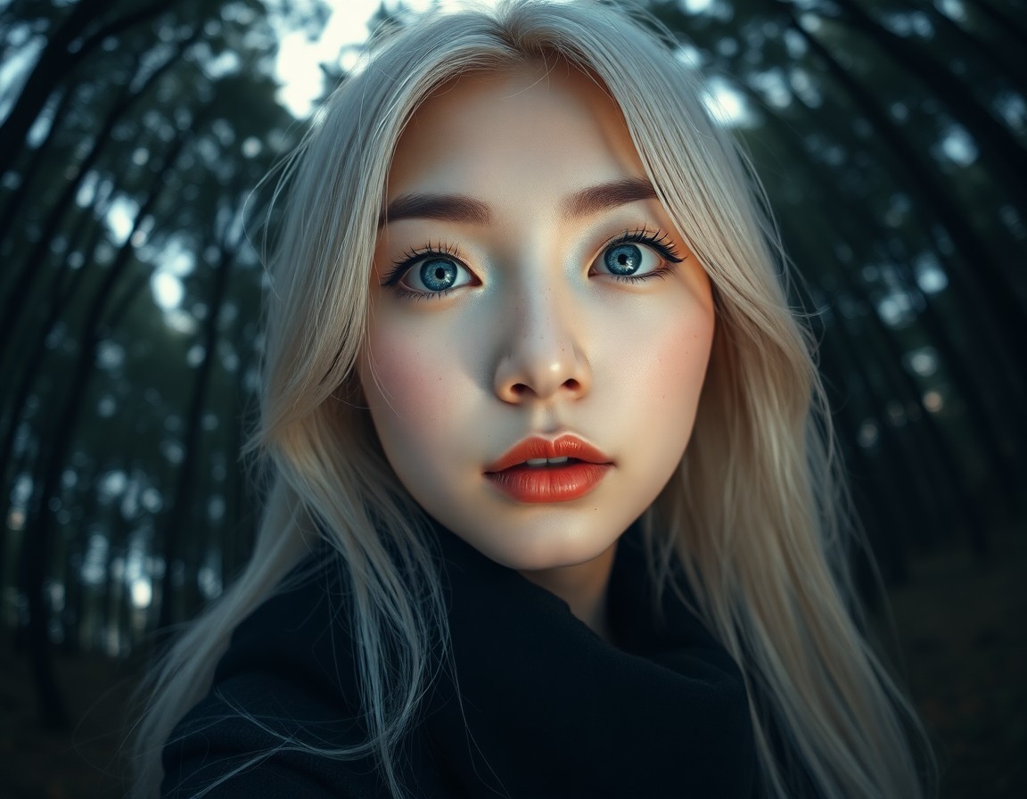 AI generated art for prompt: A serene yet enigmatic East Asian woman with piercing blue eyes and platinum blonde hair is captured