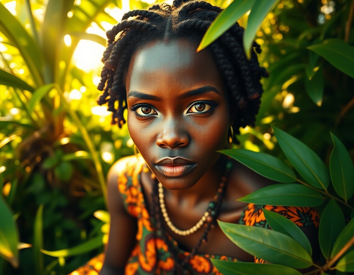 AI generated art for prompt: Craft a photorealistic portrait of an enigmatic African woman with warm brown eyes and intricately c