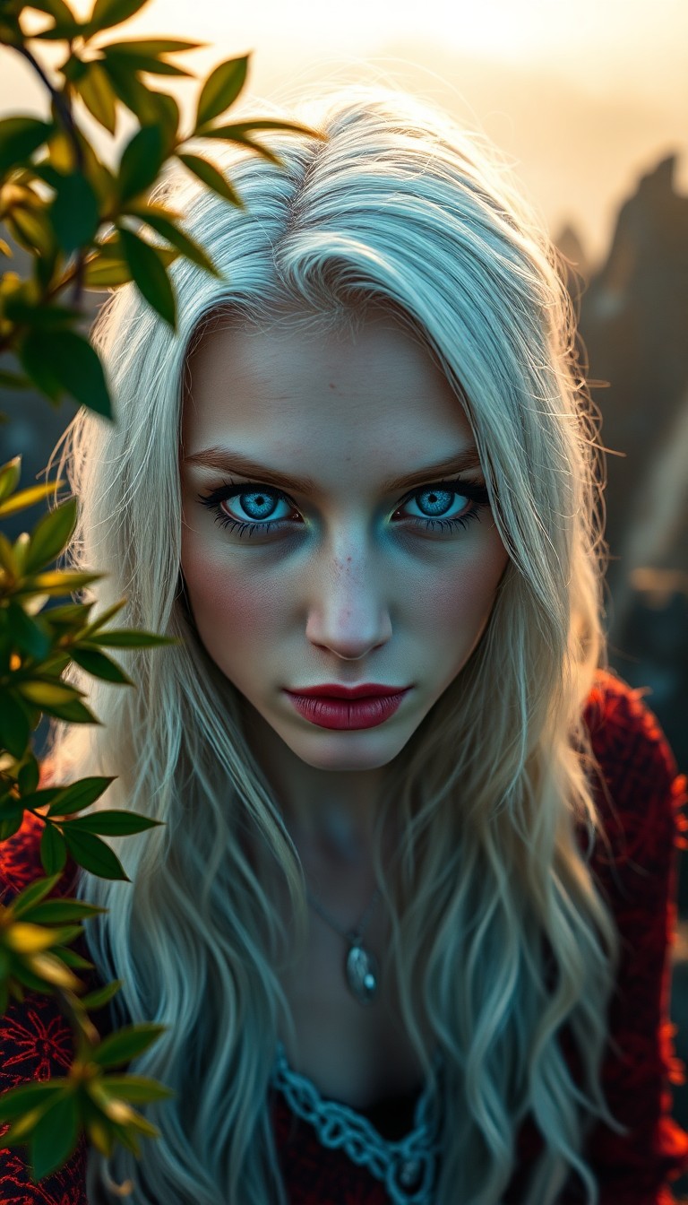 AI generated art for prompt: A photorealistic DSLR portrait captures an enigmatic Slavic woman with piercing blue eyes and cascad