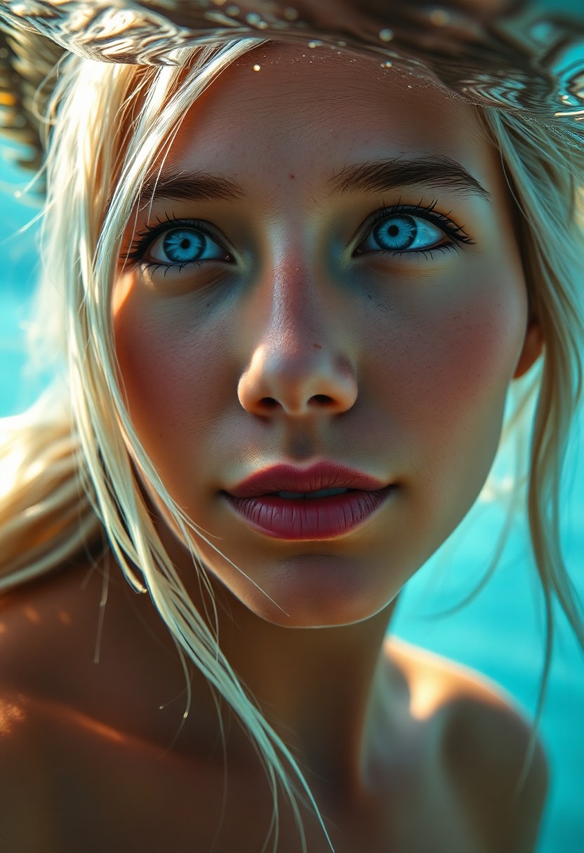 AI generated art for prompt: A captivating photorealistic portrait showcases a Native American woman with piercing blue eyes and 