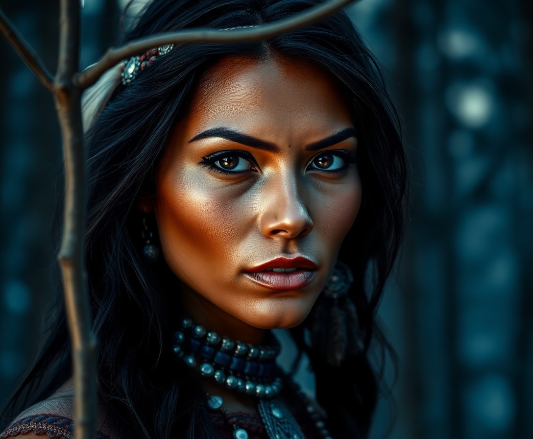 AI generated art for prompt: Envision a captivating portrait of a Native American woman, her alluring dark eyes enhanced by intri