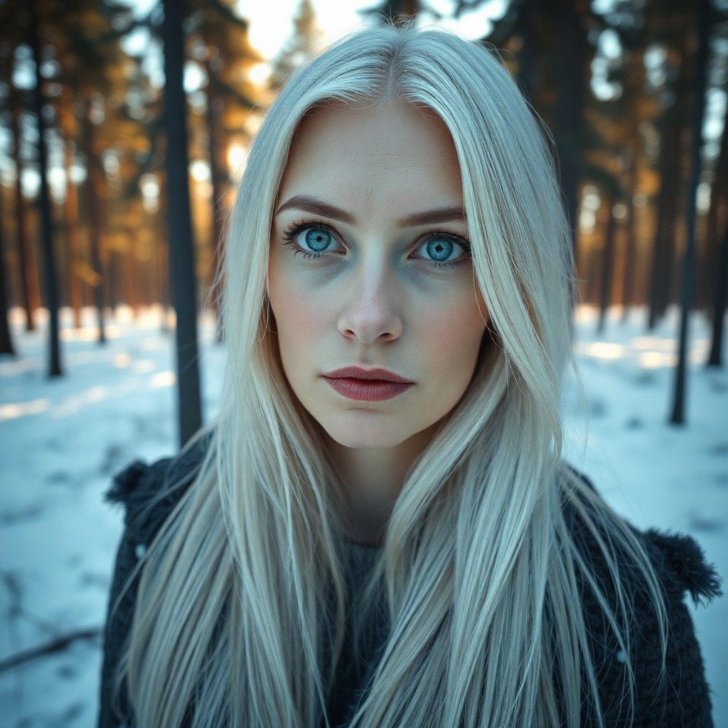 AI generated art for prompt: Craft a DSLR portrait of an enigmatic Nordic woman with piercing ice blue eyes, delicate features, a