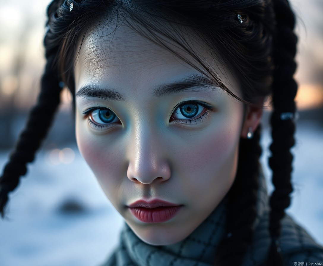 AI generated art for prompt: An iPhone portrait showcases an East Asian woman with piercing ice-blue eyes and intricate raven bra