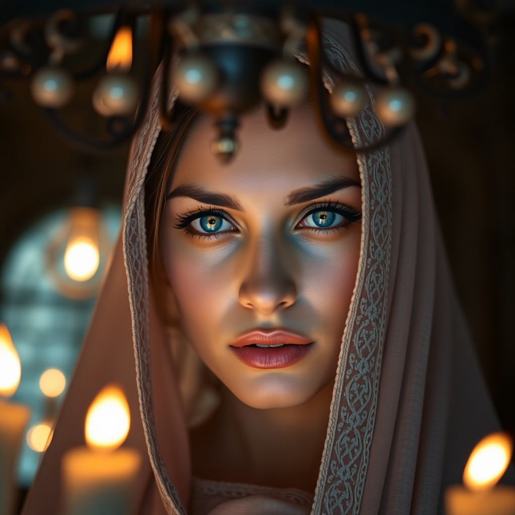 AI generated art for prompt: Envision a captivating portrait photograph, illuminated by the soft glow of candlelight filtering th