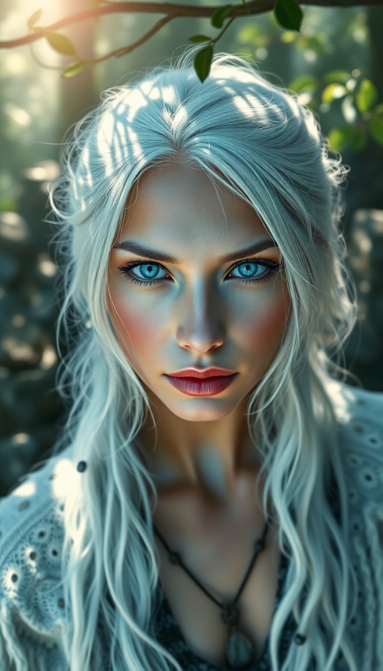 AI generated art for prompt: An enchanting Native American woman with ice-blue eyes and silver-white hair is captured in a photor