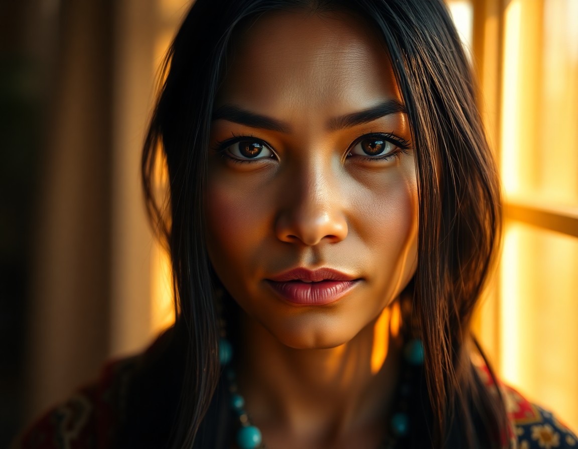 AI generated art for prompt: A DSLR captures a captivating portrait of a Native American woman with amber eyes and elegant featur