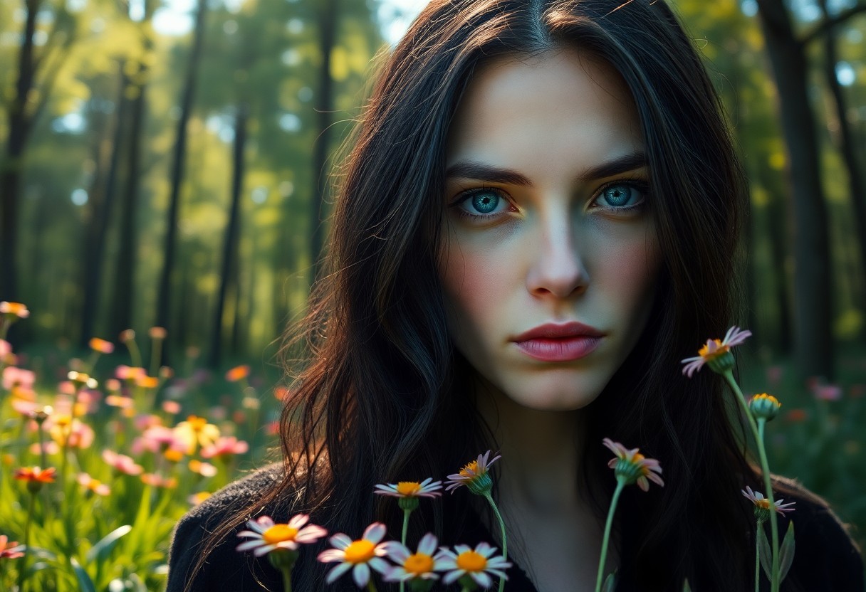 AI generated art for prompt: A portrait photograph showcases an enigmatic Nordic woman with piercing blue eyes and cascading rave