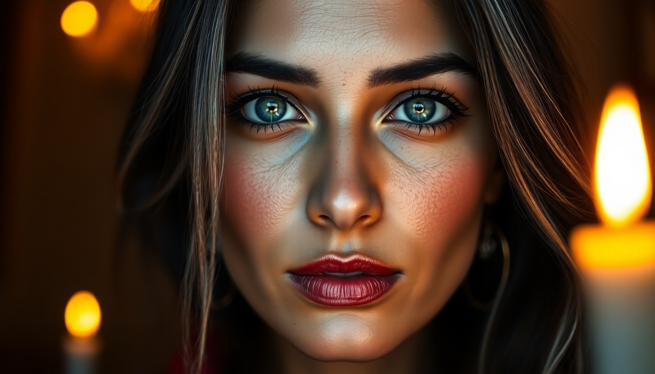 AI generated art for prompt: Envision a captivating portrait of an enigmatic South Asian woman with piercing blue eyes, prominent