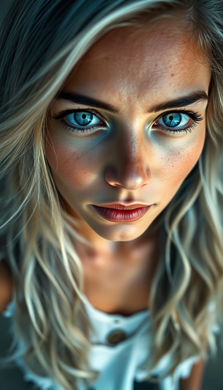 AI generated art for prompt: Envision a captivating photorealistic portrait of a Hispanic woman with enchanting blue eyes and flo