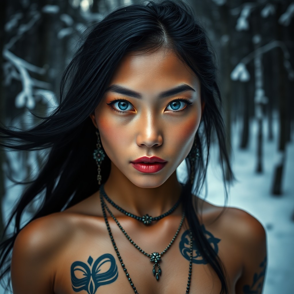 AI generated art for prompt: A photorealistic portrait photograph captures an enigmatic East Asian woman with striking blue eyes 