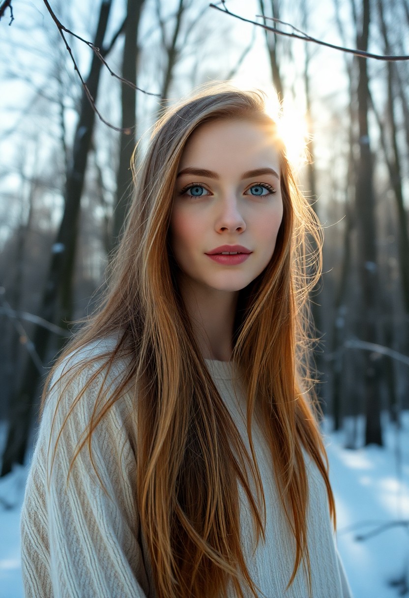 AI generated art for prompt: A European woman with icy blue eyes and porcelain skin stands amidst a snow-covered forest during a 