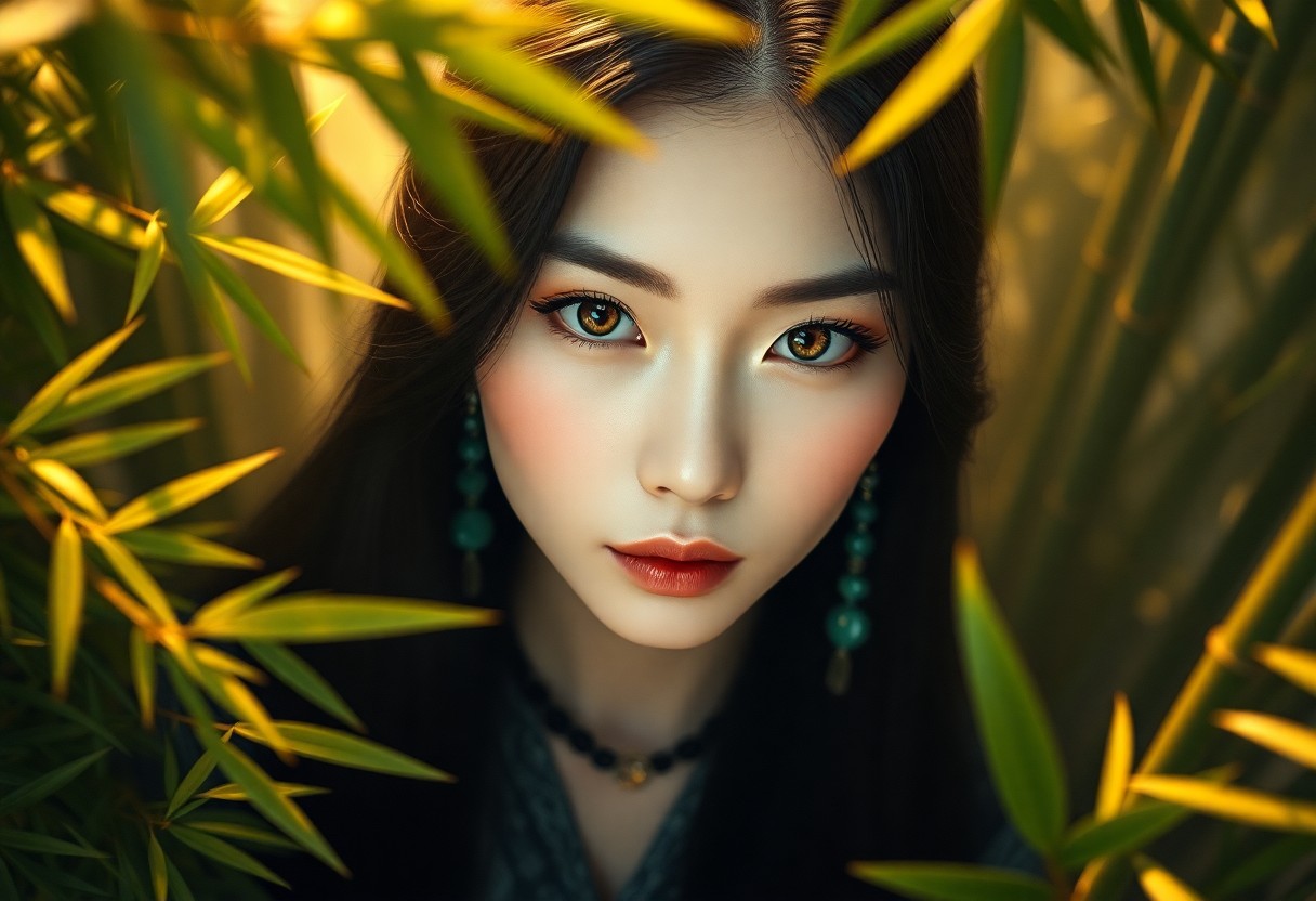 AI generated art for prompt: A captivating photorealistic portrait showcases an enigmatic East Asian woman amidst a misty bamboo 