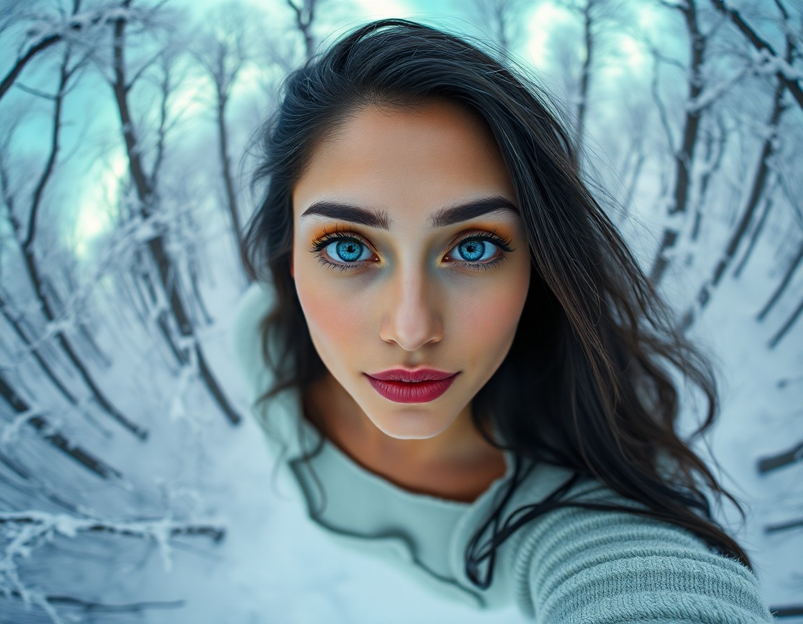 AI generated art for prompt: Envision a captivating portrait of a Hispanic woman with porcelain skin and mesmerizing blue eyes am