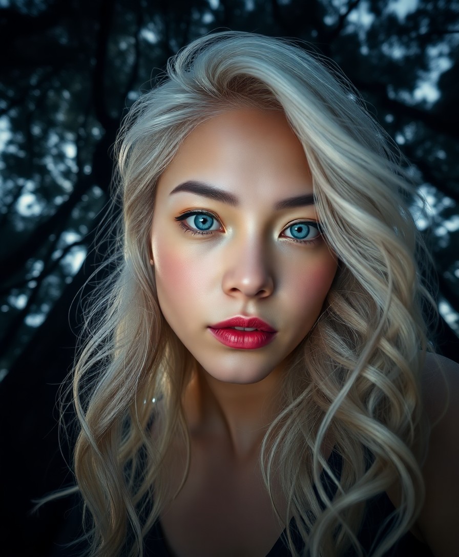 AI generated art for prompt: Hyperrealistic portrait of an enigmatic East Asian woman with piercing blue eyes and porcelain skin,