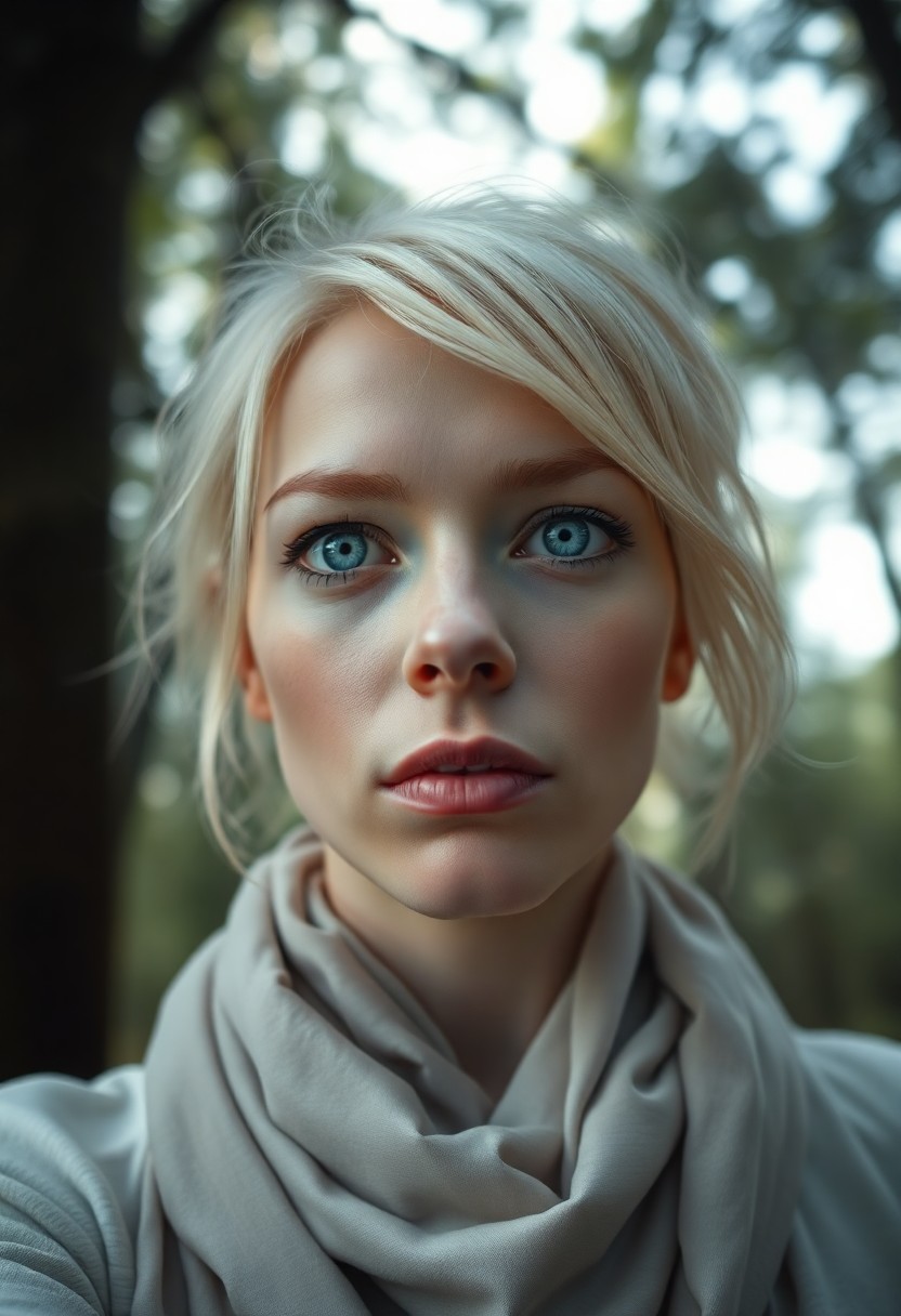 AI generated art for prompt: A digital camera captures an enigmatic Nordic woman with porcelain skin and striking blue eyes, gazi