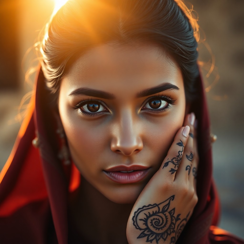 AI generated art for prompt: A photorealistic portrait showcases a Middle Eastern woman's serene countenance, her captivating alm