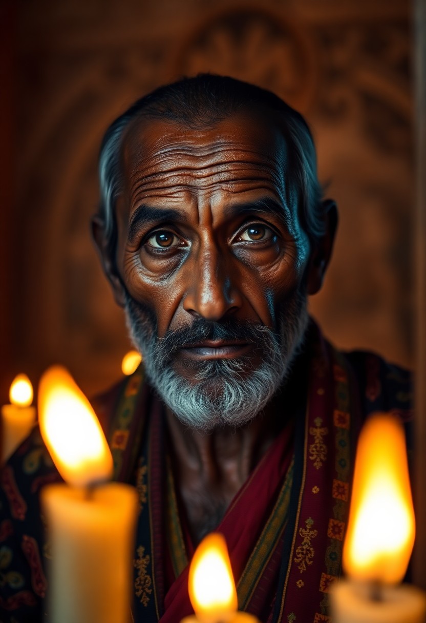 AI generated art for prompt: Envision a captivating portrait photograph of an ancient South Asian mystic exuding enigmatic allure