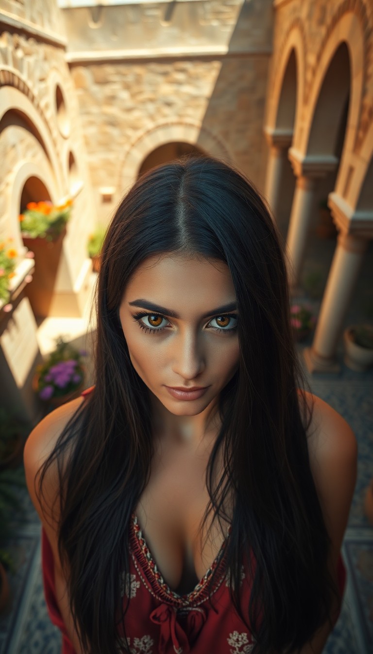 AI generated art for prompt: A hyperrealistic portrait photograph captures the captivating gaze of a Middle Eastern woman, her de