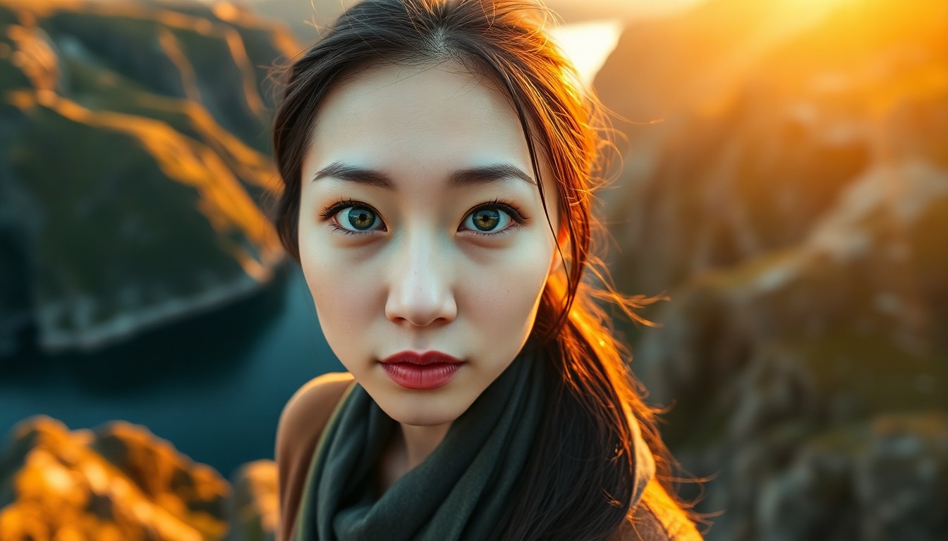 AI generated art for prompt: Envision an enchanting portrait of an East Asian woman with porcelain skin and captivating green eye