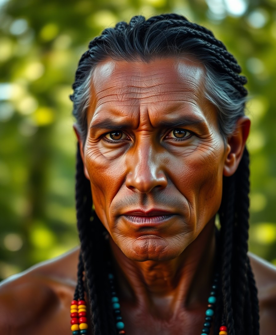 AI generated art for prompt: Craft a photorealistic portrait of a Native American man, capturing his weathered countenance and pi