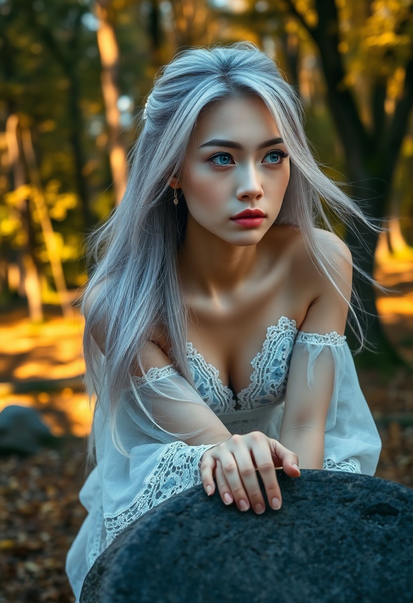 AI generated art for prompt: An enigmatic East Asian woman with striking blue eyes and flowing silver hair sits atop an ancient s