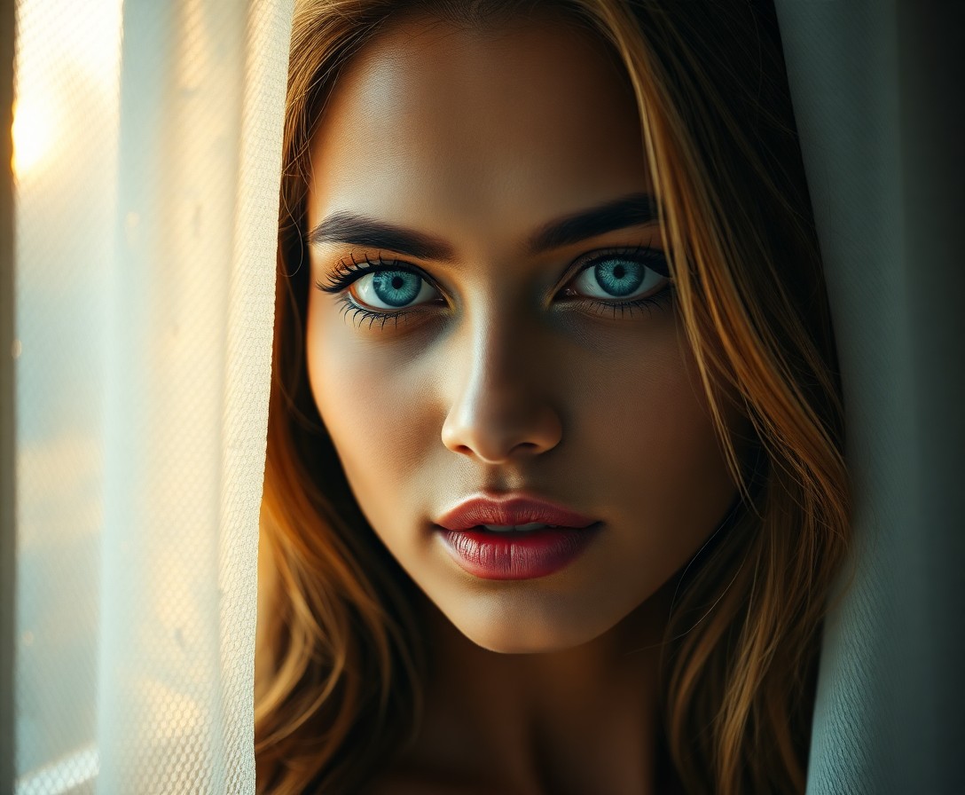 AI generated art for prompt: A photorealistic portrait captures an enigmatic South Asian woman with captivating blue eyes set aga