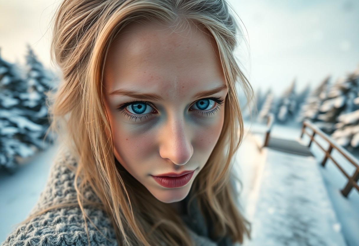 AI generated art for prompt: A photorealistic portrait showcases a Nordic woman's enigmatic presence, her piercing blue eyes and 