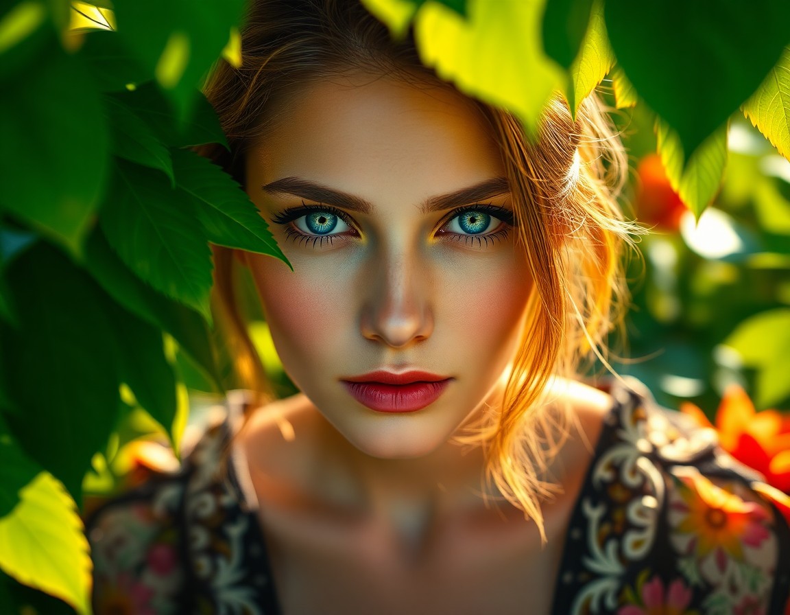 AI generated art for prompt: A photorealistic portrait of a serene European woman, her striking blue eyes and fair skin illuminat