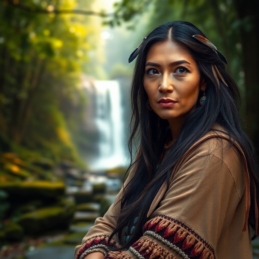 AI generated art for prompt: A 55-year-old Native American woman's photorealistic portrait, captured on an iPhone, showcases her 