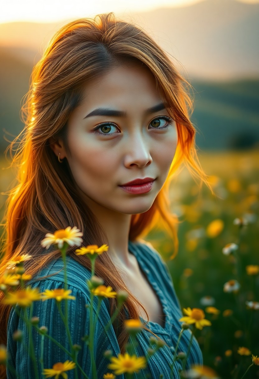 AI generated art for prompt: Craft a photorealistic portrait of an East Asian woman in her forties, showcasing striking green eye