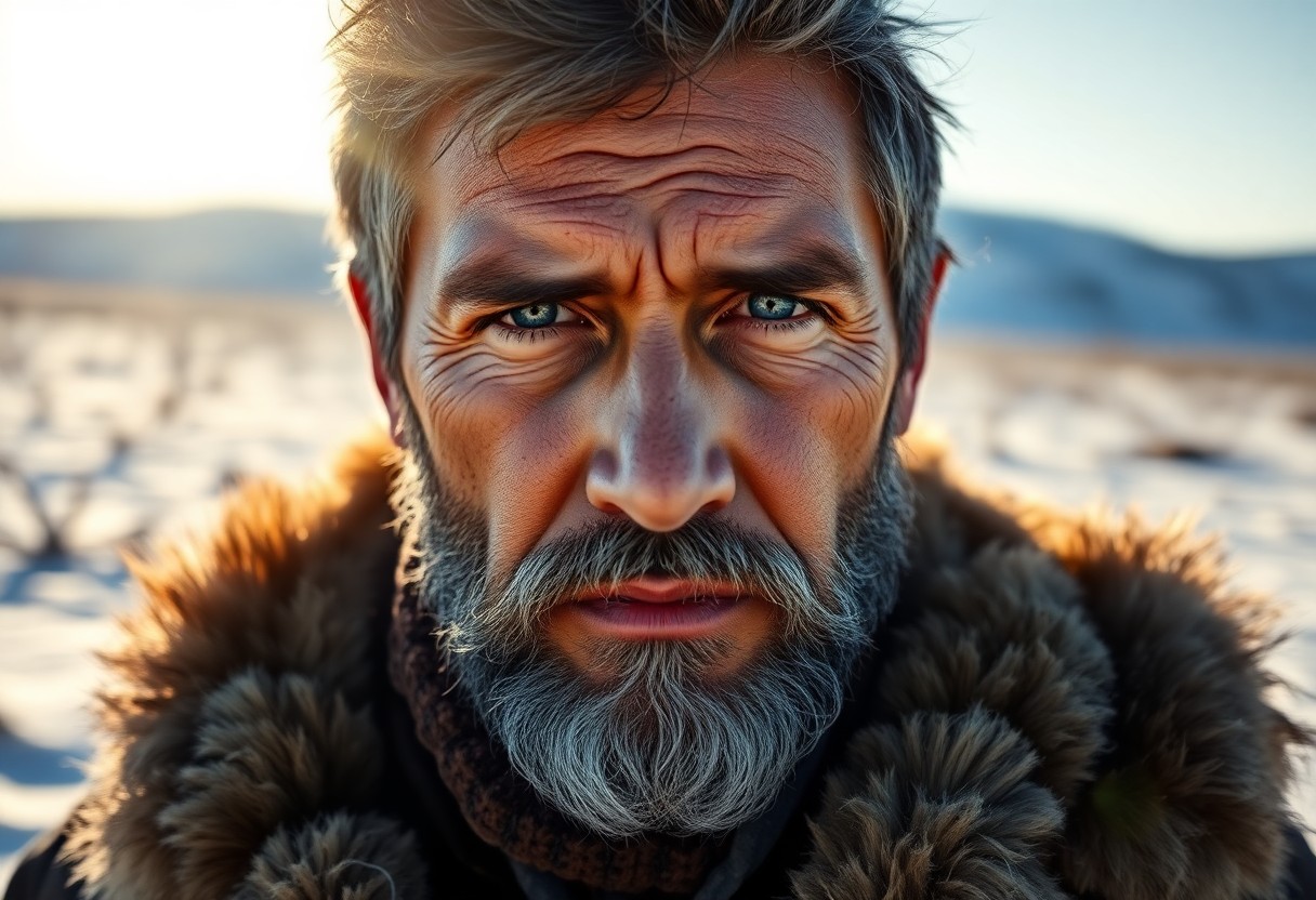 AI generated art for prompt: Craft a photorealistic portrait of a stoic Hispanic man with intense blue eyes and a short salt-and-